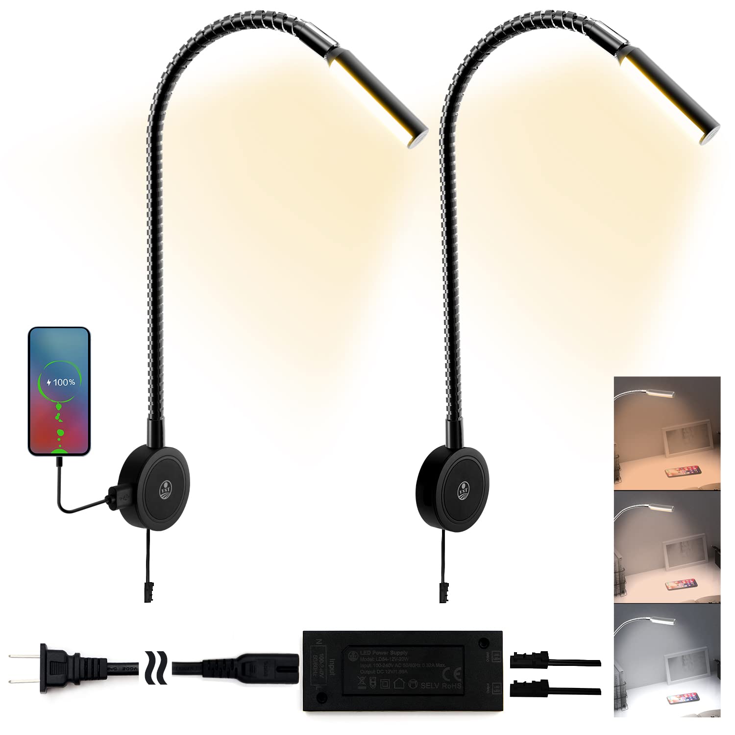 VST Books Lights for Headboard, Bedside Wall Mounted Reading Lamp, Reading Light Touch to Adjust Color Temp (3000K/4000K/6000K) 