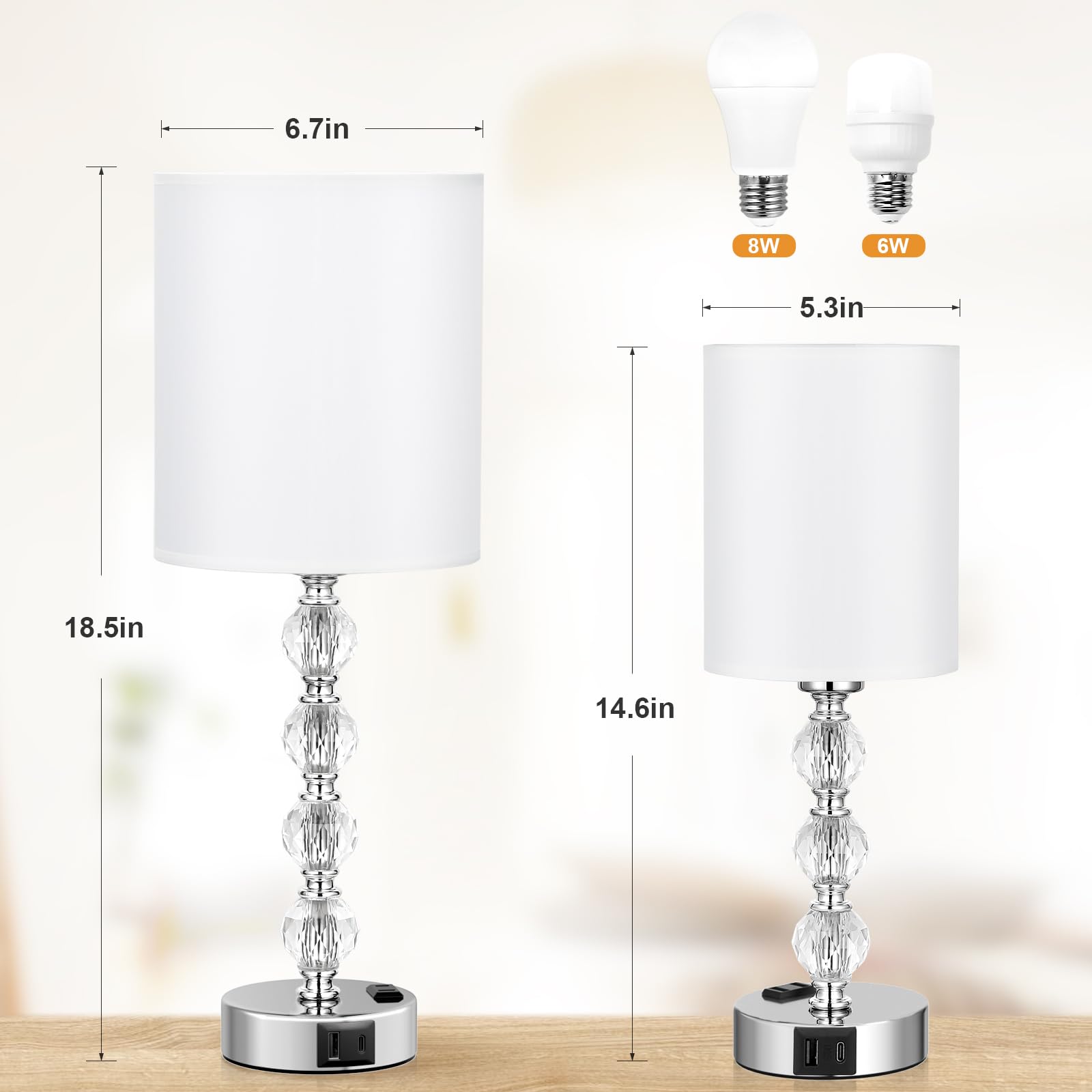 Acaxin Touch Bedside Crystal Lamp, 18in, 3-Way Dimmable, USB C+A Port, AC Outlet, White, Model ACA-TL-Mini4-White-L
