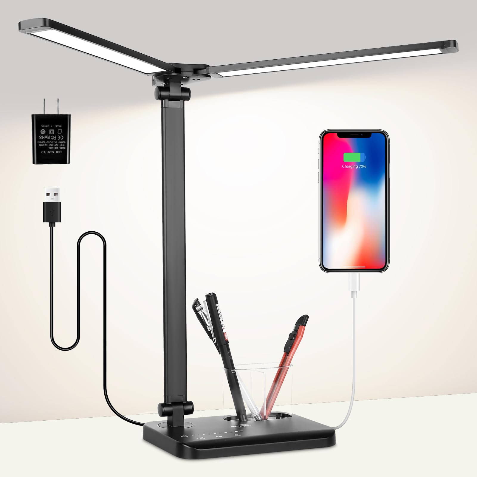 Woputne Dual Head Led Desk Lamp - 5 Colors, 10 Brightness Levels, Black - Ideal For Home Office