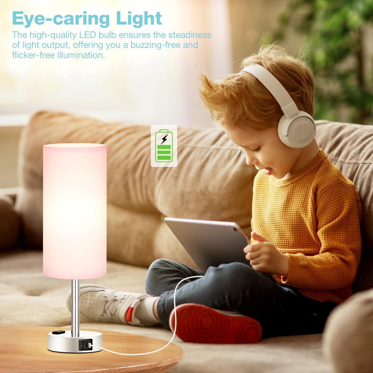 Fenmzee Pink Touch Table Lamp - 3 Way Dimmable, USB C Ports, 14" Size, LED Bulb Included, Perfect for Bedroom Nightstand