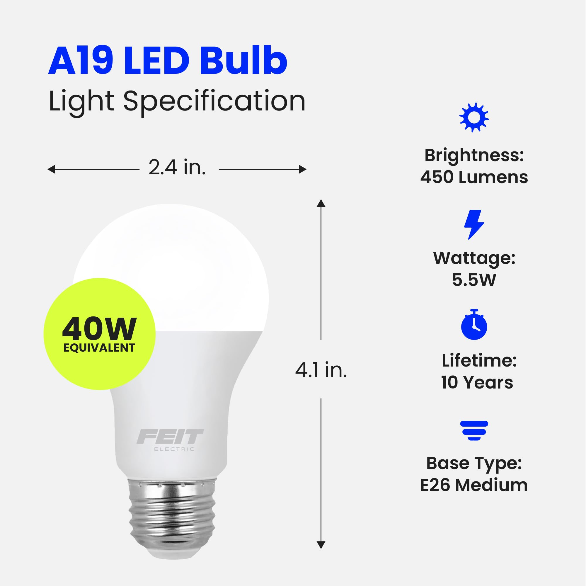 Feit Electric A19 LED Light Bulb, 40W Equivalent, 3500K Neutral White, E26 Base, 450 Lumens, 4-Pack