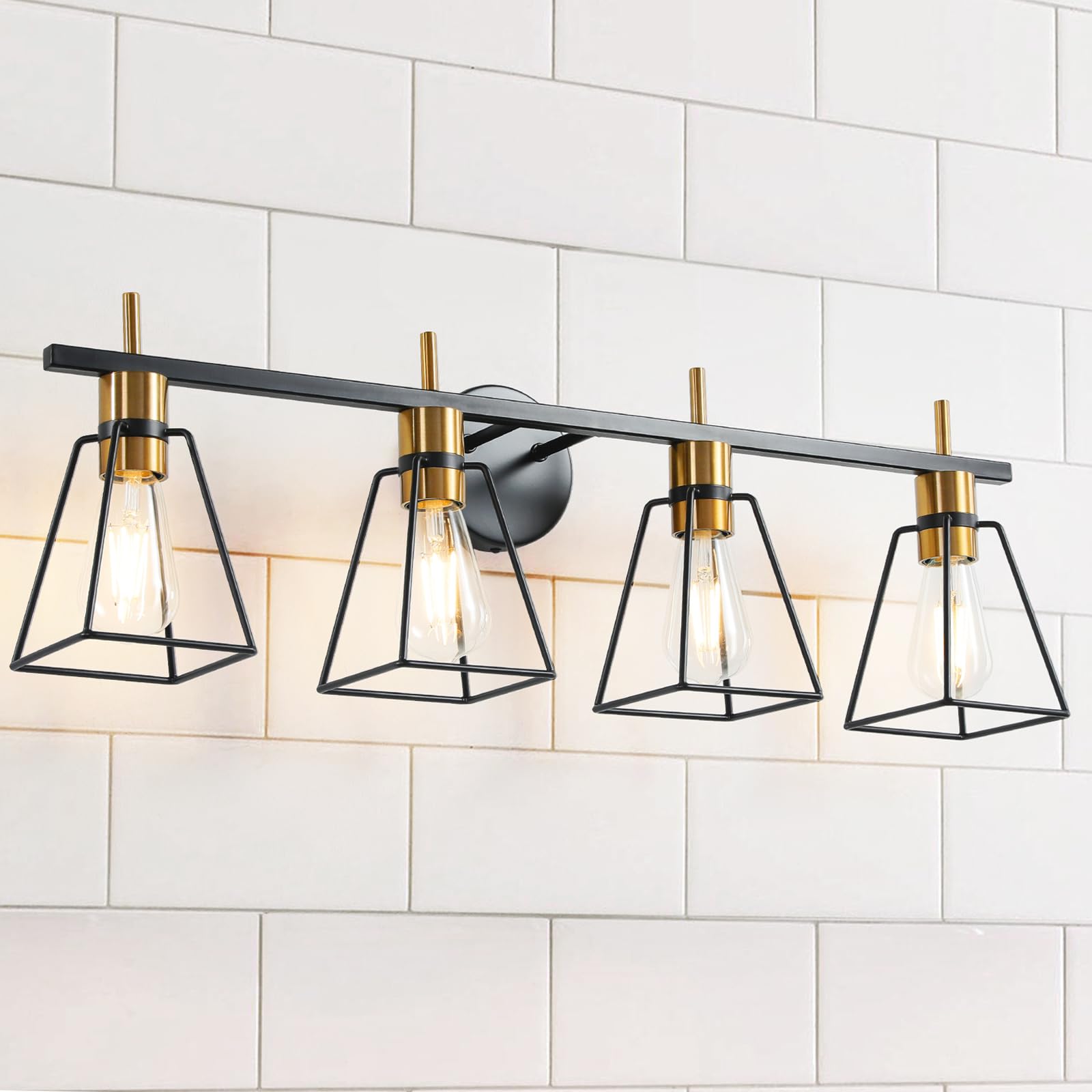 Hahzt Industrial Bathroom Vanity Lights: 4 Light Black And Gold Vintage Metal Cage Wall Sconce - Rustic Farmhouse Wall Light Fixture Over Mirror Cabinet For Bedroom Living Room