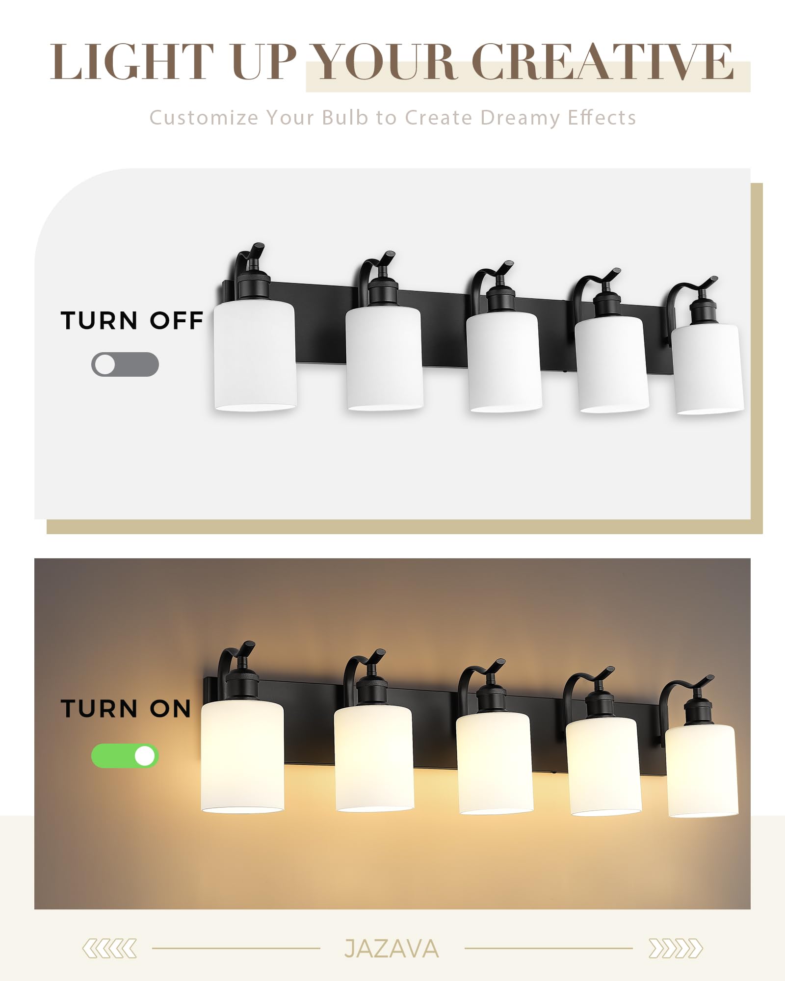 JAZAVA 5-Light Bathroom Vanity Light, Modern Black Wall Sconce, Metal & Milk Glass, Model ZCVL01BKW-5