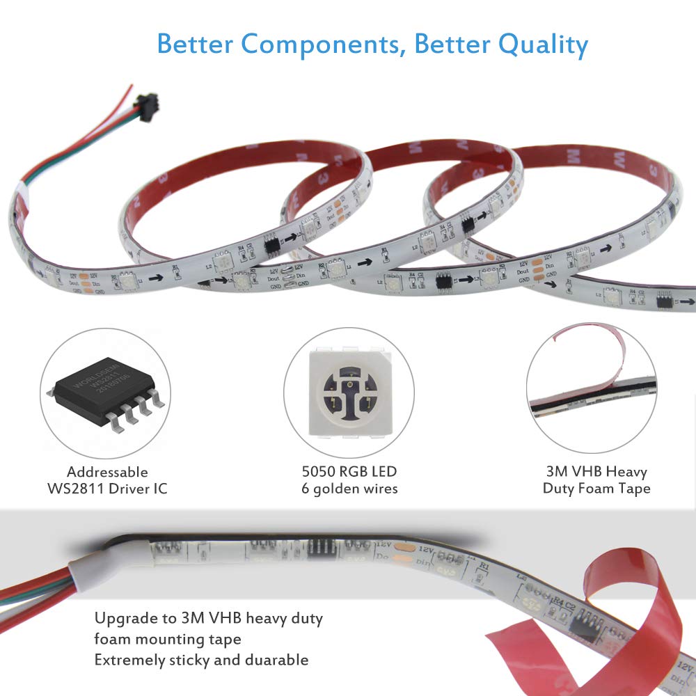 ALITOVE WS2811 LED Strip Light 12V Waterproof 5m 150 LEDs RGB Addressable White FPCB IP65 for Arduino DIY