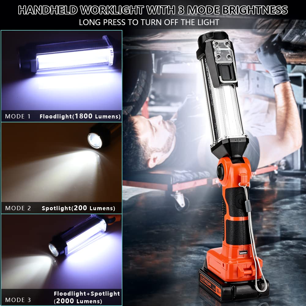 Cordless Led Work Light For Black & Decker 20V Li-Ion Battery, 35W 2000Lm Outdoor Flashlight Portable Camping Lanterns For Car Repairing, Job Site Lighting, Emergency