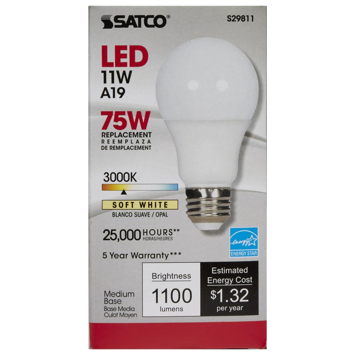 Satco Lighting S29811-11 Watt A19 LED Dimmable Frosted Light Bulbs - 3000K - Medium Base - 1100 Lumens - 220 Degree Beam Angle -