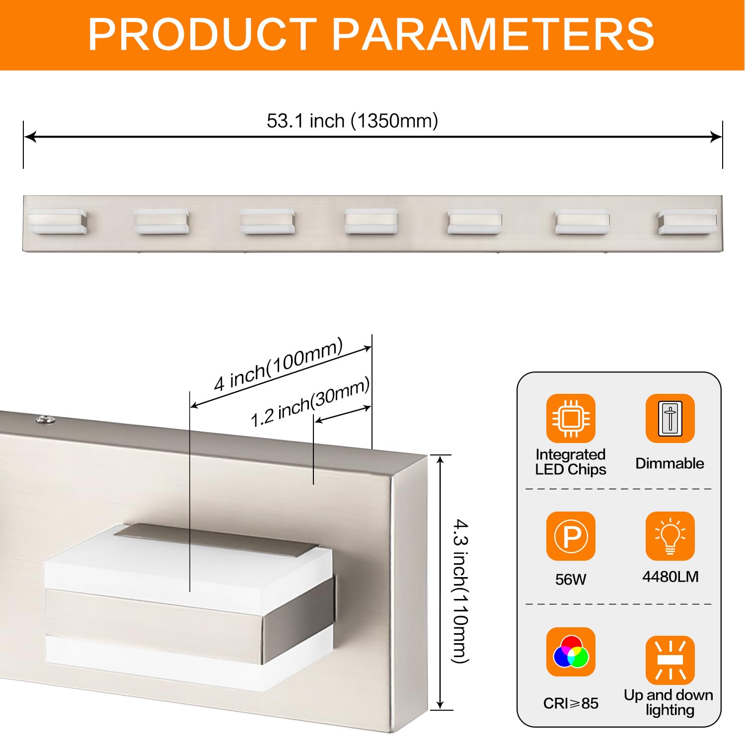 SOLFART Bathroom Vanity Light, 7-Light Brushed Nickel LED Fixture, 53 Inch, Model S8568-7T-6000K