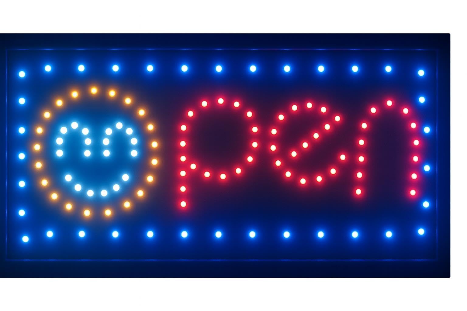 E-ONSALE LED Neon Open Sign - Animated Smiley Face Design, RGB Color, Dual Switches for Storefront Display
