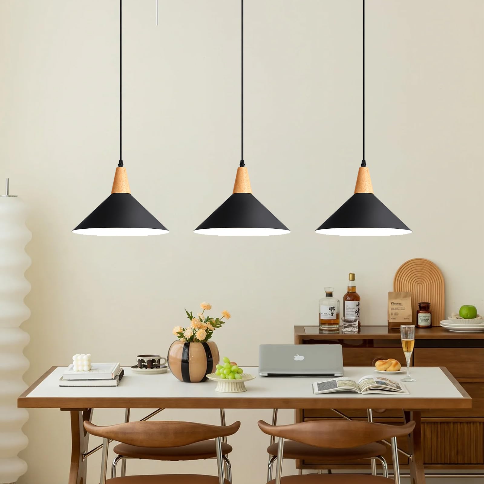 Modern Black Pendant Light Fixtures, 11.8'' Farmhouse Wood Pendant Lighting, Industrial Cone Hanging Lights For Kitchen Island,D