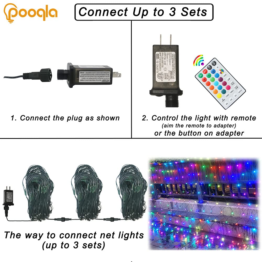 Pooqla RGB Net Lights, Color Changing LED Christmas Mesh, 204 LED, 9.8ft x 6.6ft, Green, Model LR-(1-1000) L-S