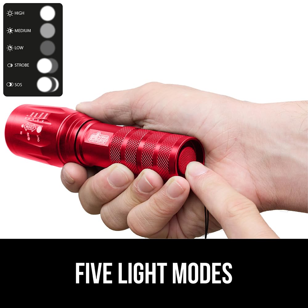 Gorilla Grip LED Tactical Flashlight, 750 FT Zoom, High Lumens, Water Resistant, Red, Model 840029670910
