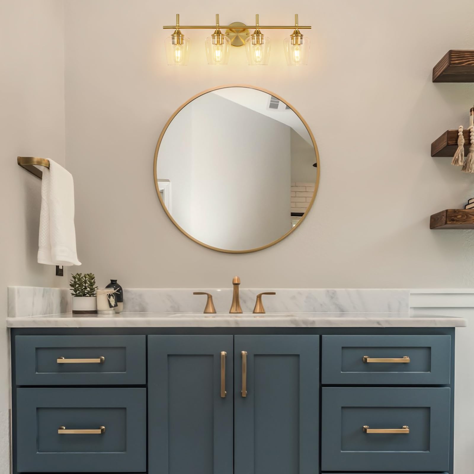 foucasal Bathroom Light Fixtures, 4-Light Gold Vanity Light with Clear Glass Shade, Modern Brushed Brass Design