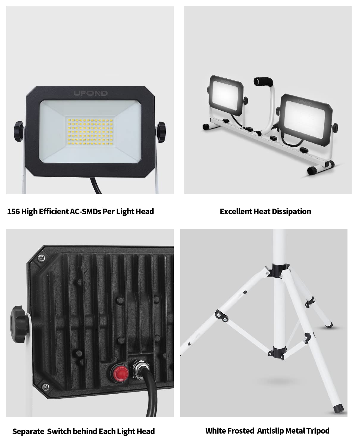 Ufond 10000 Lumen Led Work Light With Stand,Detachable Waterproof Dual Head Work Lights,Individual Switch Floodlight With Telescopingtripod,Work Lamp With Power Cord For Construction Site