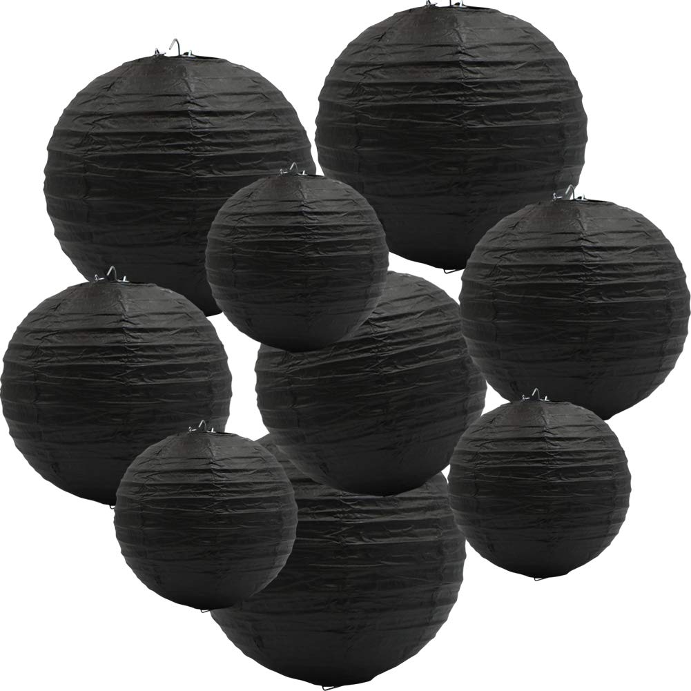 Adlkgg Round Hanging Paper Lanterns Decorations, Party Wedding Birthday Baby Showers Halloween Supplies, Black 12",10", 8", 9 Pack