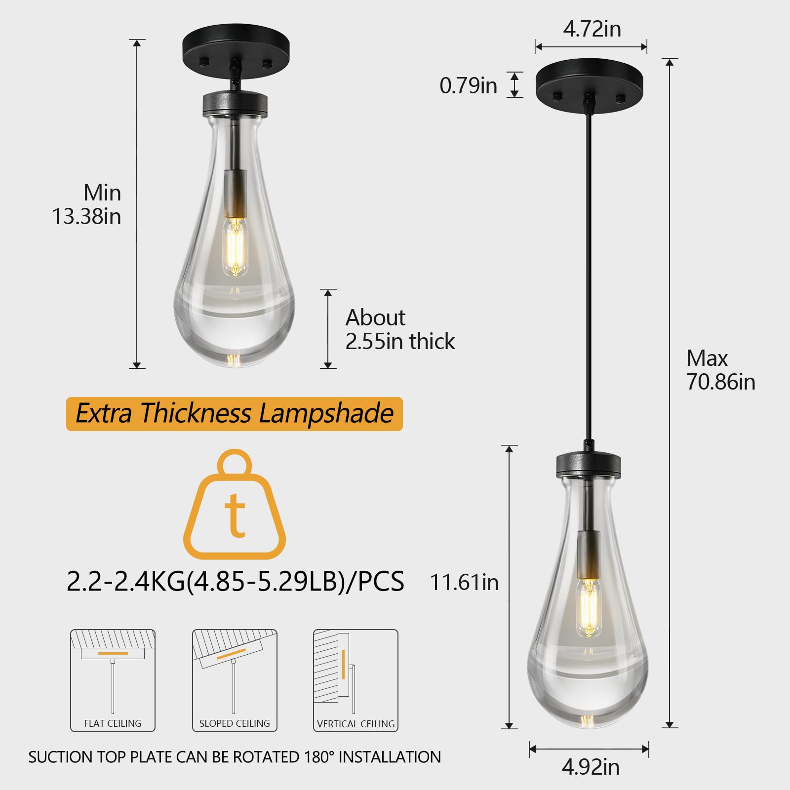 Liangmh Raindrop Pendant Lights Kitchen Island Set Of 3 Teardrop Black Hanging Light Fixtures Clear Solid Glass Pendant Light Mo