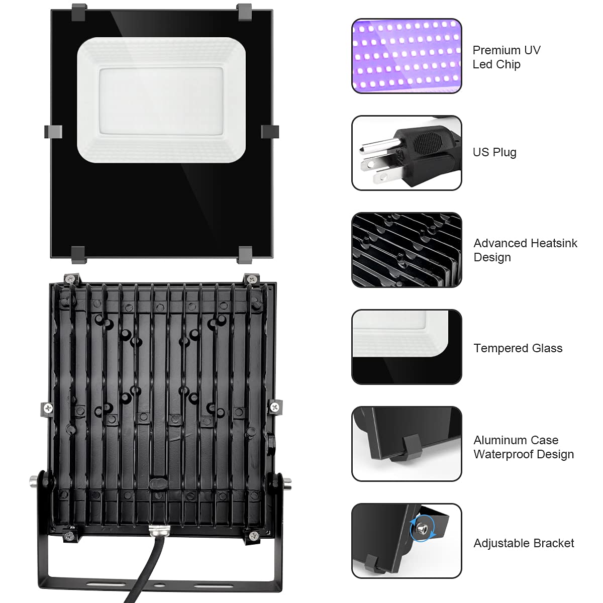 Waygor 600W Black Light Floodlights, Waterproof IP66, 395nm UV, Aluminum, Black, Commercial Use, 2 Pack