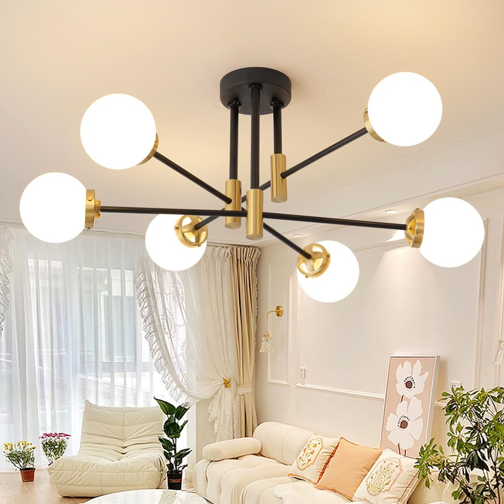 Biewalk Sputnik Ceiling Light Fixture 6 Light Sputnik Chandeliers, Black And Gold Chandelier Light Fixture With Milk White Glass Shade For Living Room Kitchen Bedroom Dining Room (E26 Bulb Excluded)