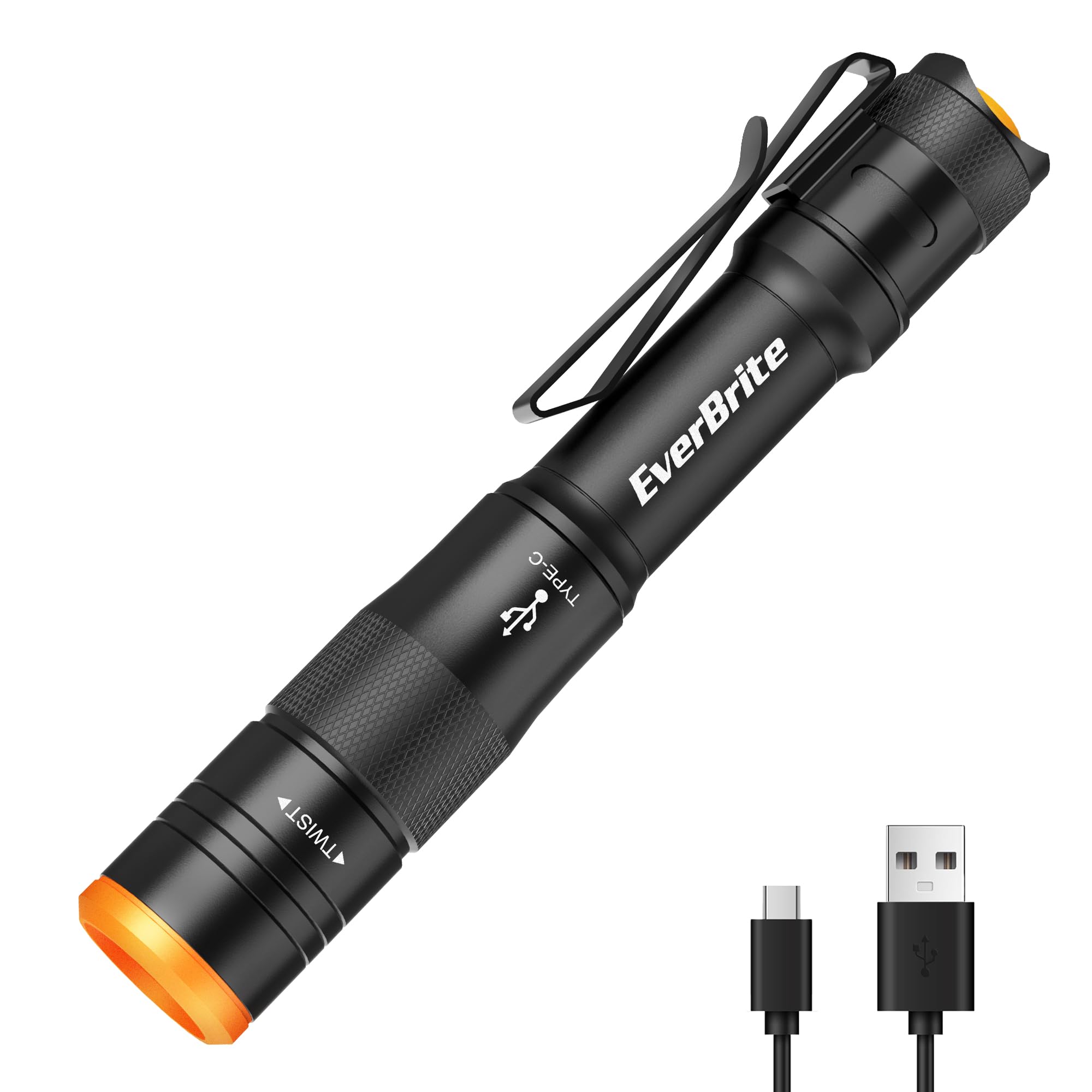 EverBrite Mini Pen Light - Rechargeable Flashlight, 300 Lumens, 4 Light Modes, Aluminum, Black, Model E101120AE