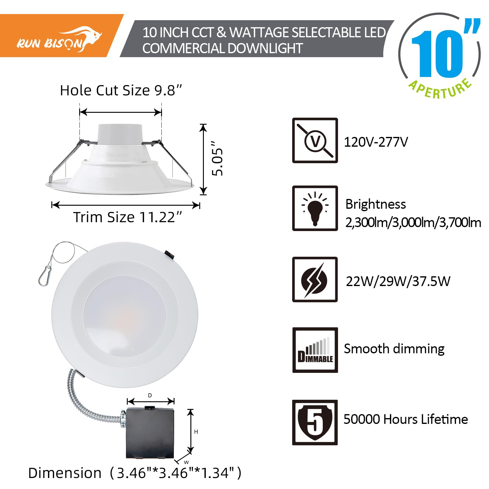 Run Bison 10 Inch Recessed Led Commercial Downlight With J-Box, Wattage Adjustable 22/29/37.5W,3 Color Selectable,120-277V,0-10V Dimmable,Ic Rated, Commercial Canless Led Lights,Ul & Energy Star - 4Pk