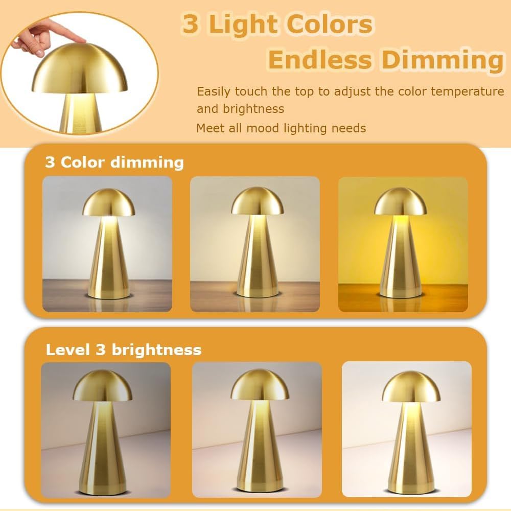 HPUFKOT Portable Metal Desk Lamp,3-Color Touch Control, Rechargeable Battery - Ideal Bedside Lamp for Bedroom Nightstand (Gold)