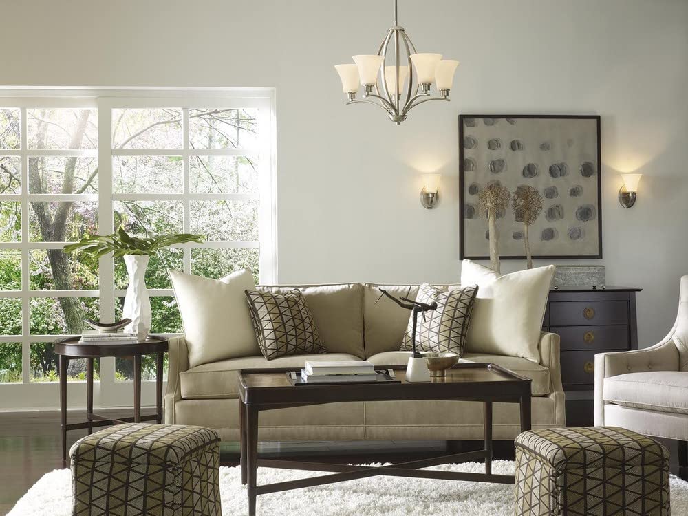 Joy Collection 5-Light Etched White Inside Glass Traditional Chandelier Light Brushed Nickel