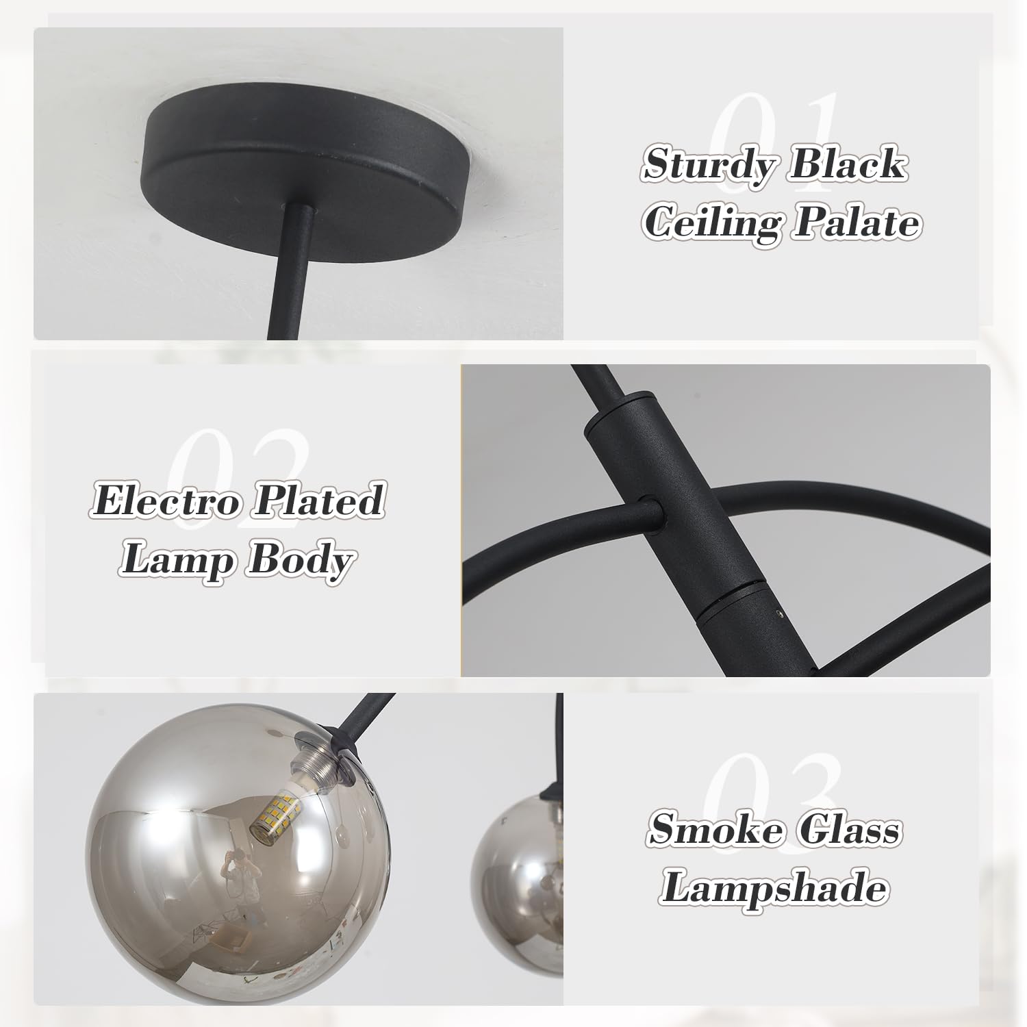 Fulesi Mid Century Modern Chandelier Black 5 Light Industrial Pendant Light Fixture Vintage Smoke Gray Globe Glass Sputnik Chand