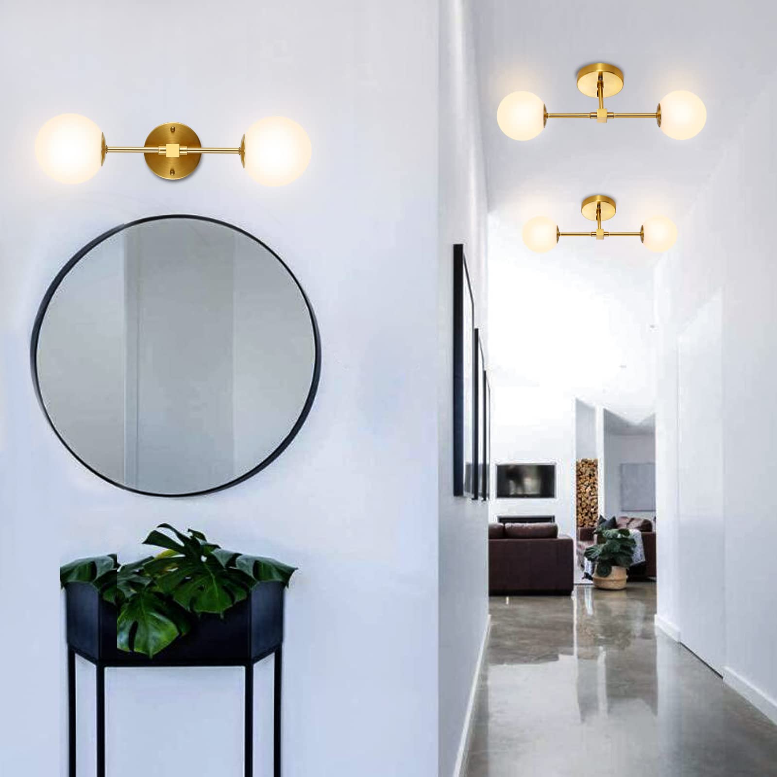 BAODEN Modern Wall Sconce 2-Lights Industrial Mid Century Bathroom Vanity Wall Light with White Globe Glass Lampshade Brushed Br