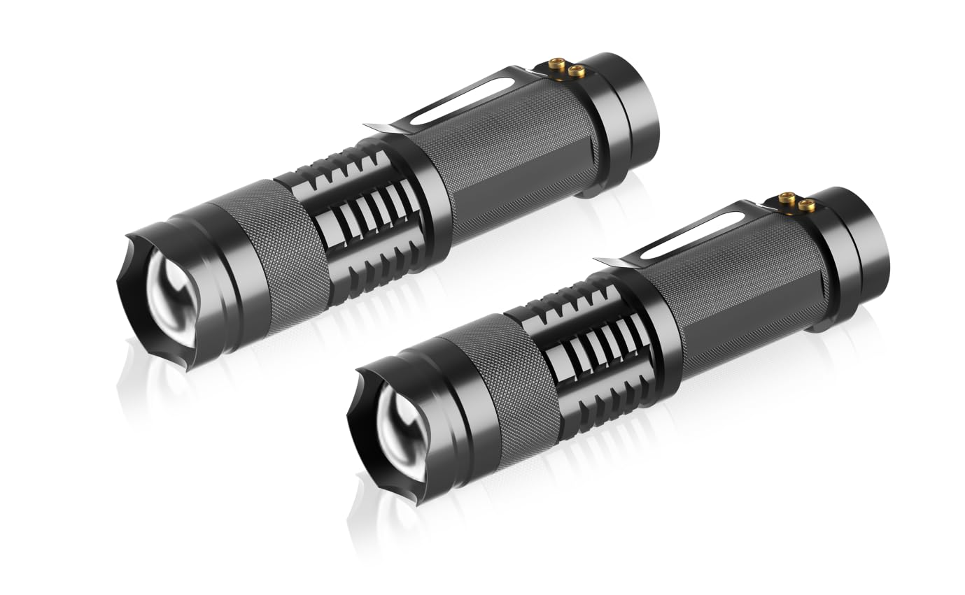 BulkWise 1 Mode Mini Flashlight 2 Pack, Aluminum LED Small Flashlights Zoomable Water-Resistant, EDC Tactical Flash Light for Ca