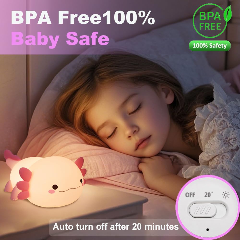 Kangten Chen Cute Axolotl Night Light For Kids Bedroom, Animal Silicone Nursery Night Lamp Touch Control Nightlights Usb Recharg