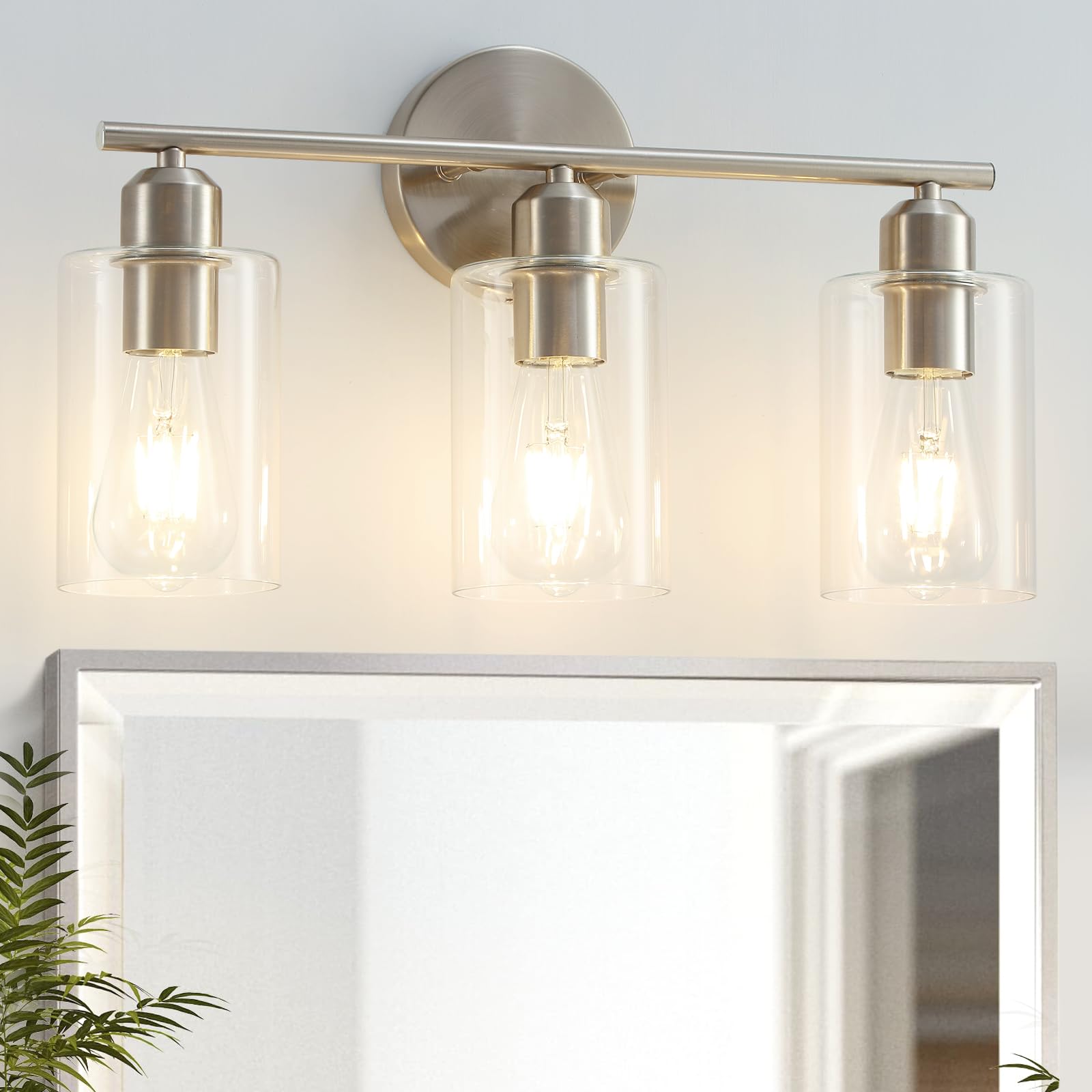 Seable 3-Light Brushed Nickel Bathroom Vanity Light Fixture With Clear Glass Shade