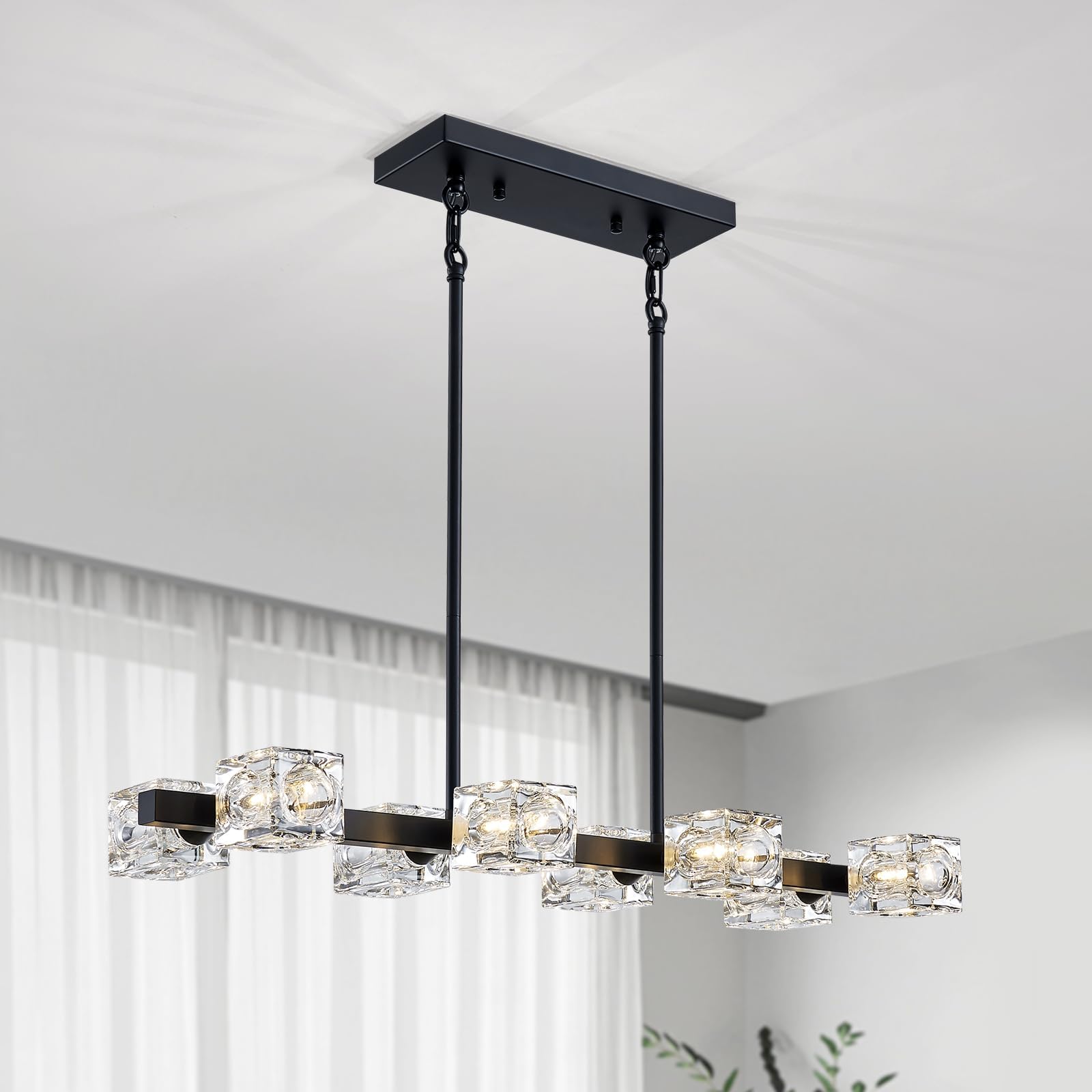 Xingqi Chandeliers For Dining Room 8-Lights Over Table, Kitchen Island Light Fixture Modern Black Chandelier With Glass Lampshad