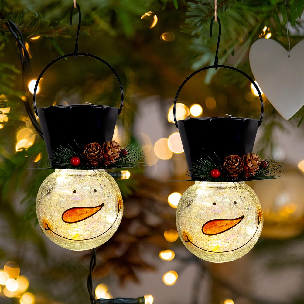 Starsoul Solar Lanterns - 2 Pack Snowman Outdoor Decorations, Waterproof Glass, Pinecone Color for Garden, Patio, Yard, Xmas Holiday Decor