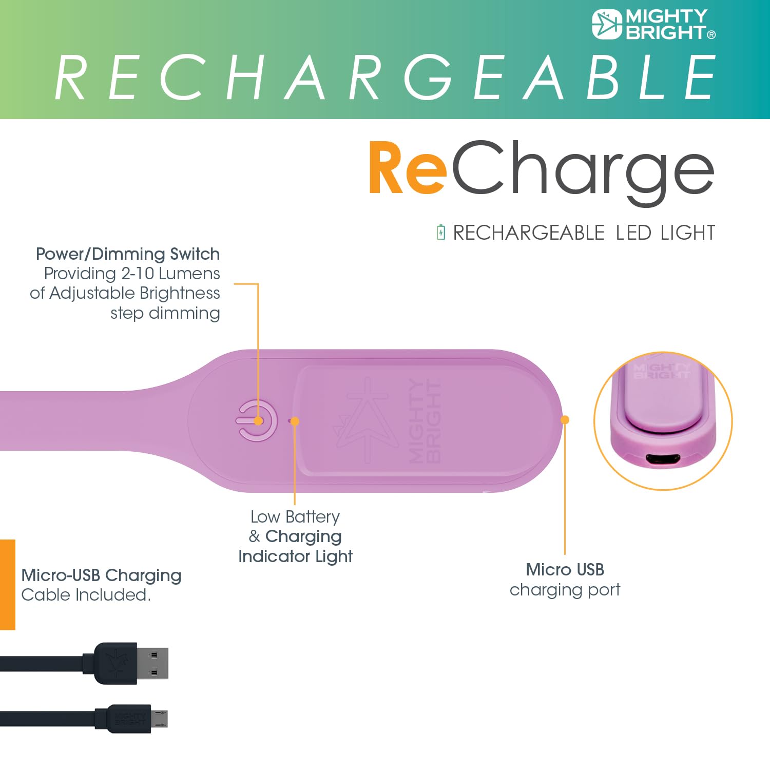 Mighty Bright The Original Recharge Clip On - Usb Rechargeable Book Light - Warm Led Reading Lamp - Flexible, Dimmable, Lasts Up