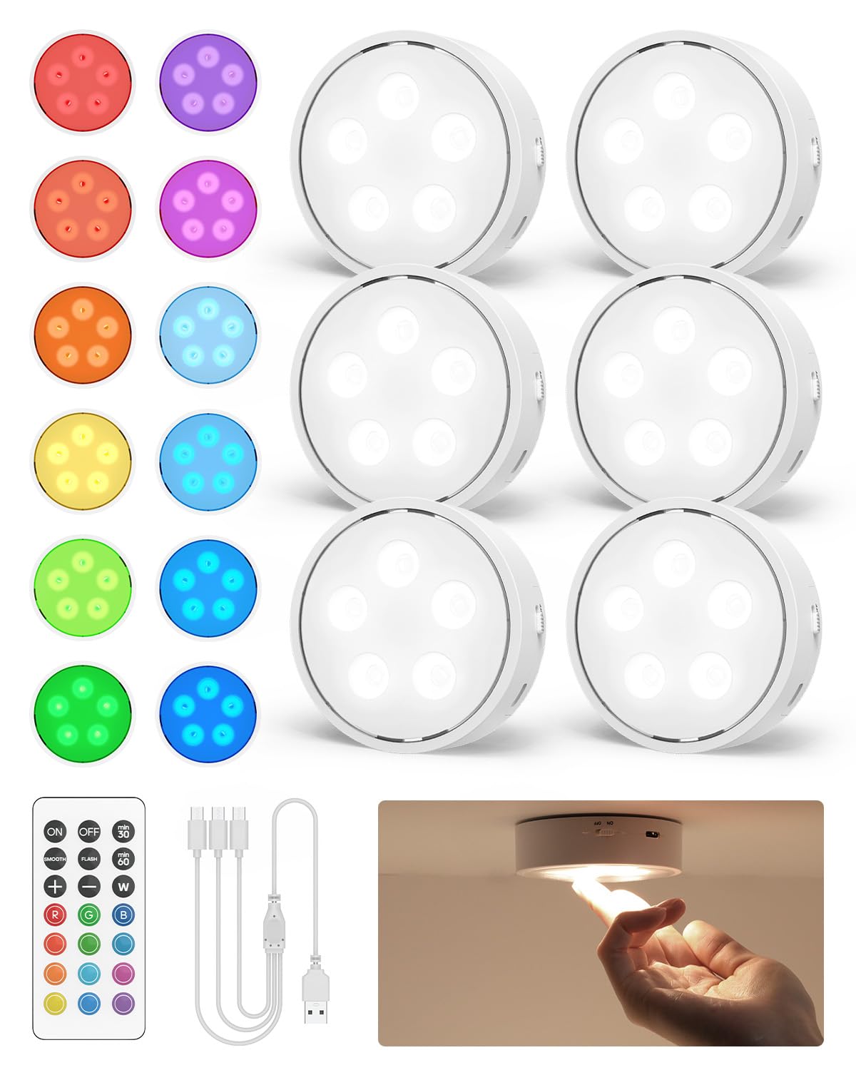 GOODEA.fun Puck Lights with Remote Control,Under Cabinet Lighting Magnetic,LED Closet Lights Rechargeable,Dimming Tap Light, Sti