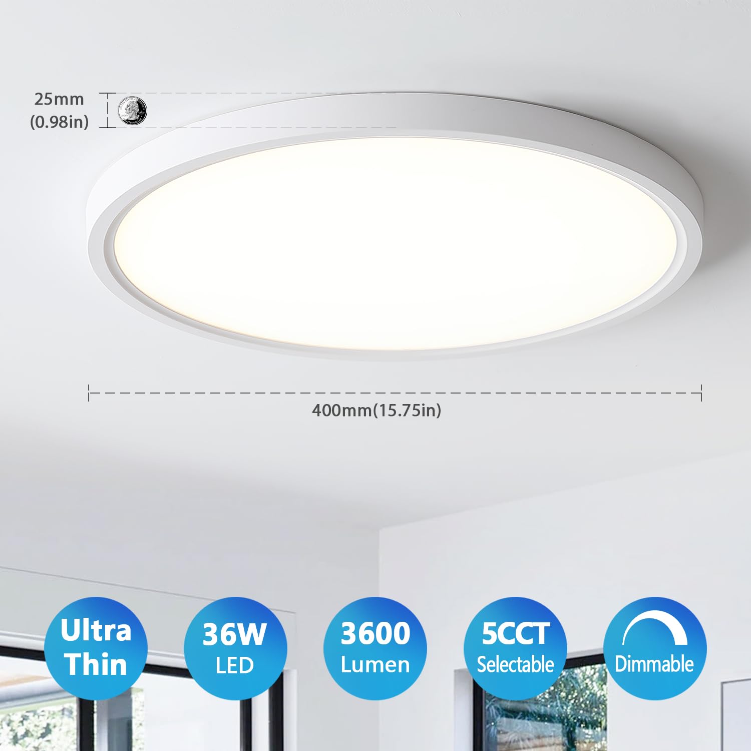 LVWIT LED Ceiling Light Flush Mount, 36W Dimmable, 15.8 Inch, Round, White, Model JM-FH400DL