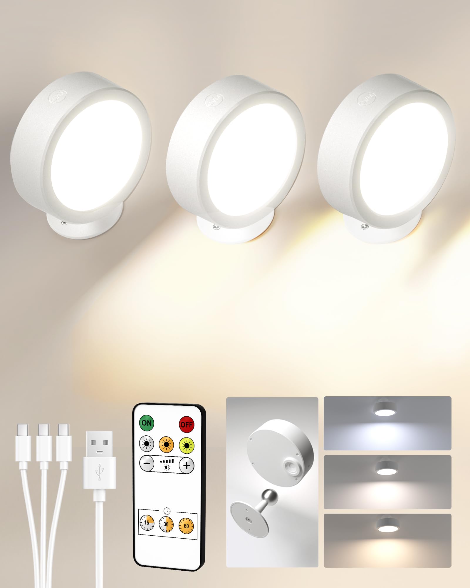 EZVALO LED Wall Mounted Lights, 3 Color Temps, Remote & Touch Control, 5500mAh Rechargeable, 3 Pack, White, Model EZL2404A