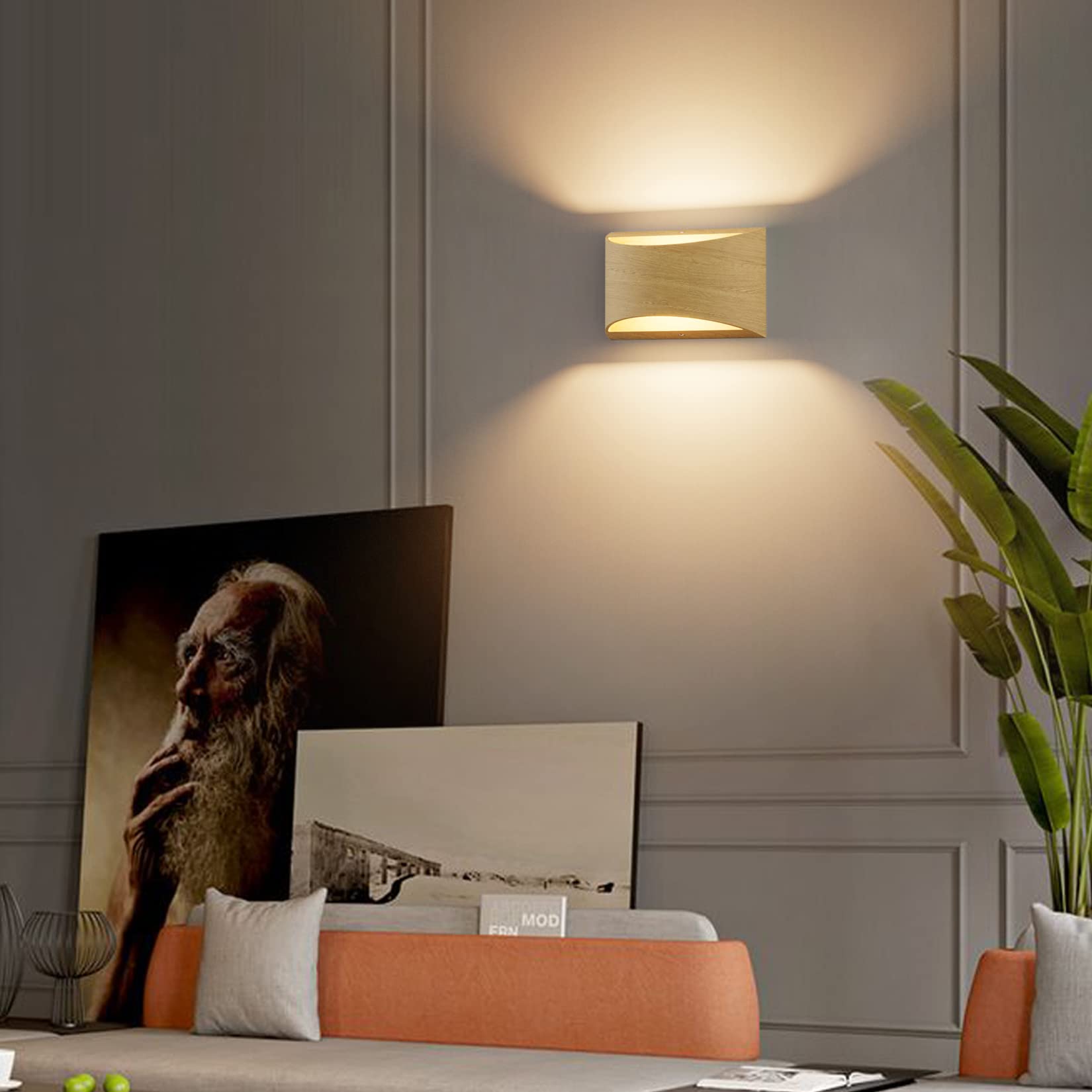 Aipsun LED Wall Sconce Set of 2, Modern Aluminum Up & Down Lights, Warm White 3000K, Wood Texture, Model 9206