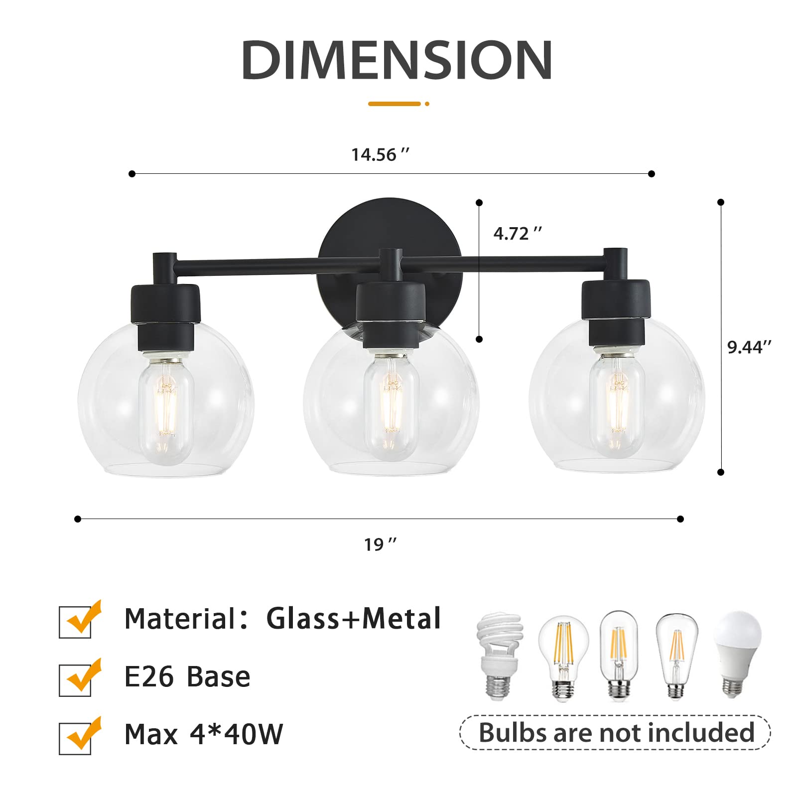 yenlacy Bathroom Light Fixtures, Matte Black Vanity Light 3 Light, Globe Glass Shade, Metal Base, Model HSL-B85-045-03-BK