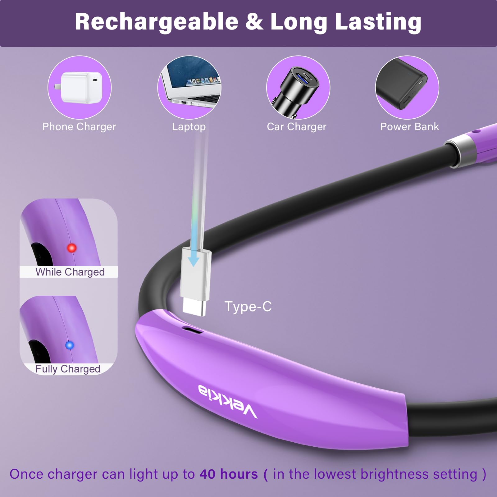Vekkia Rechargeable LED Neck Reading Light, 3 Brightness Levels, Compact, Purple, Model 4LED-NL, Soft Silicone Arms for Comfort