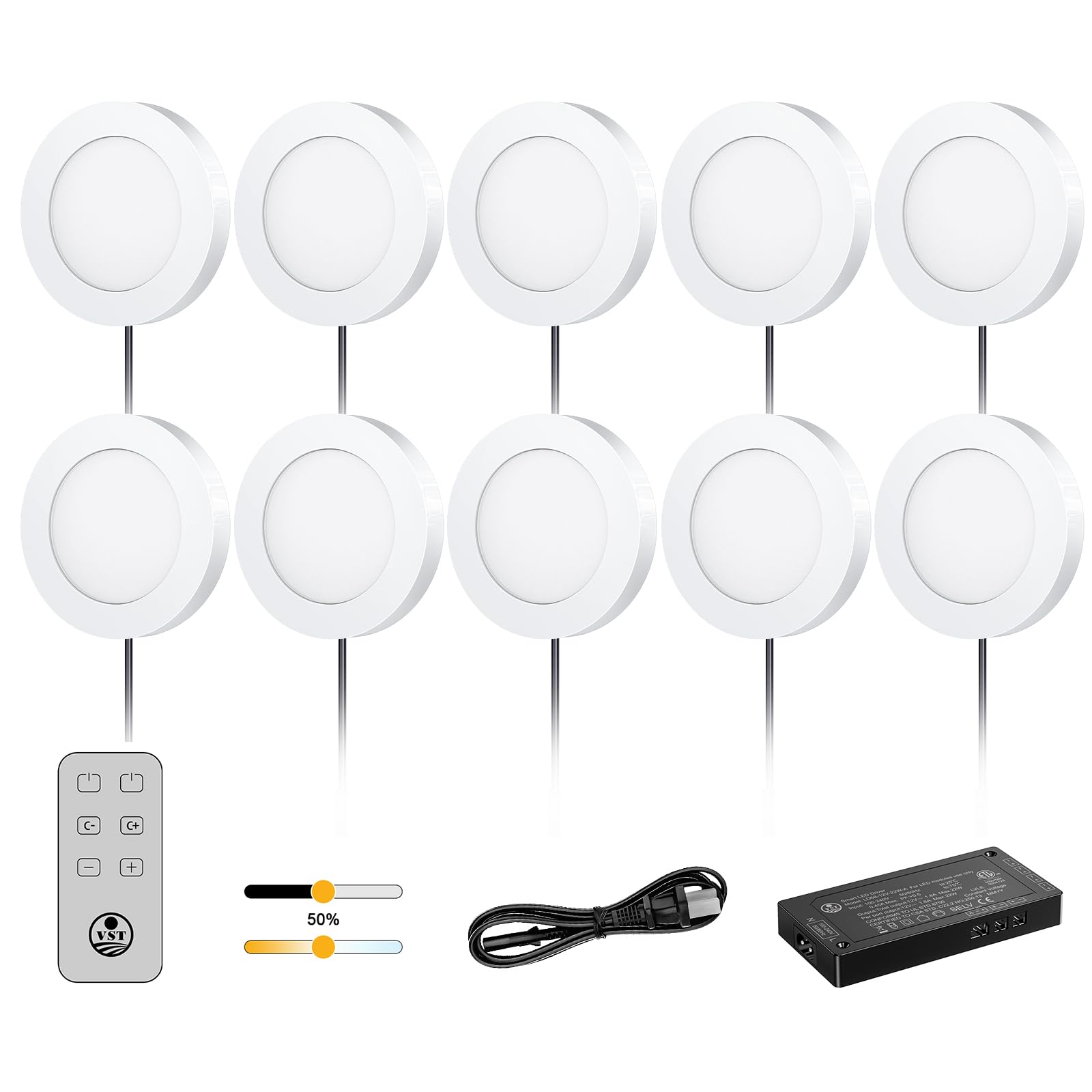 VST LED Under Cabinet Puck Lights, 3000K-6500K, Remote Touch Control, 10-Pack, White, Model PL05-WL-CC-W-10pcs