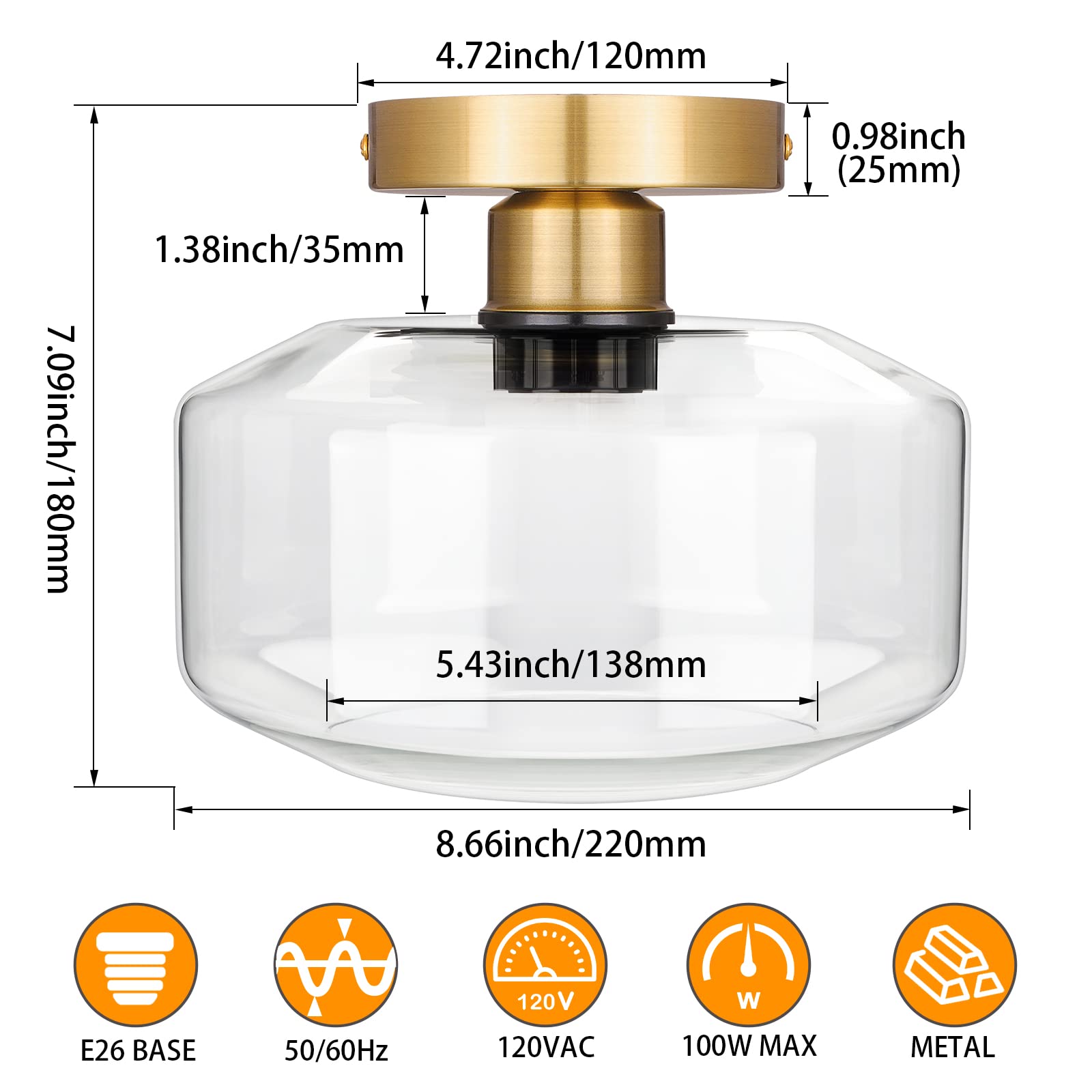 Maxvolador Industrial Semi Flush Mount Ceiling Light Gold, Clear Glass Pendant Lamp Shade, Farmhouse Lighting Hallway, Vintage H