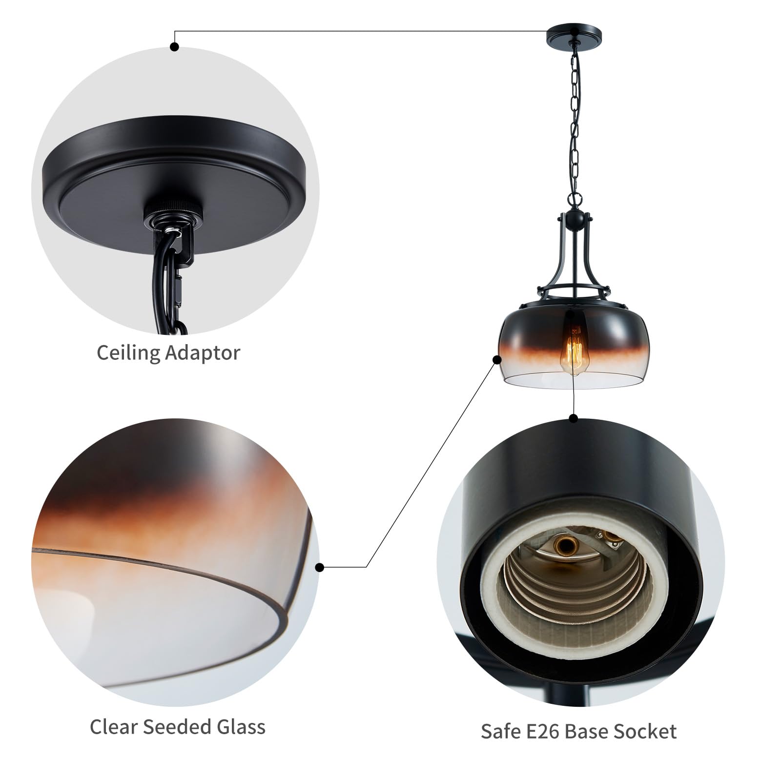 Wuzups Chandelier Rustic Farmhouse Industrial Round Ceiling Pendant Led Light Fixture With Amber Gradient Black Glass Shades For