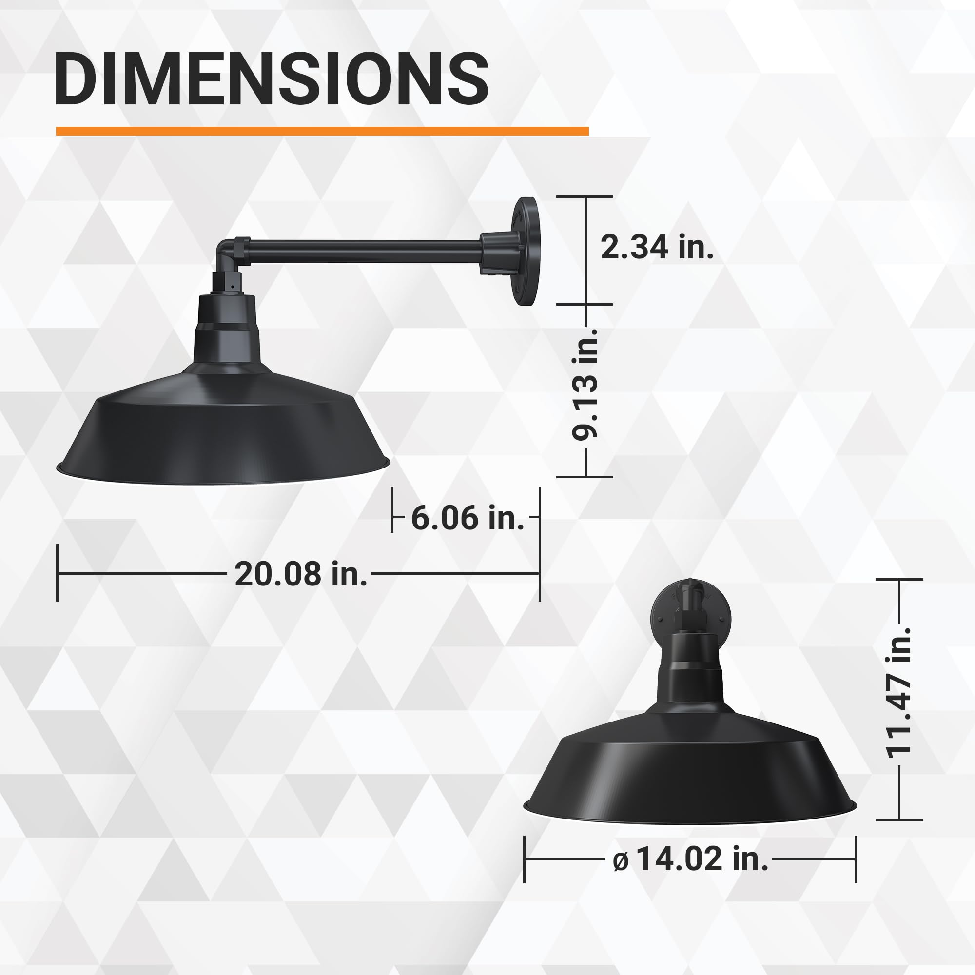 HTM LIGHTING SOLUTIONS Gooseneck Barn Light Fixture, 14in, Satin Black, Alloy Steel, Model SBL14-BK-SGN13-BK-A195KND, UL