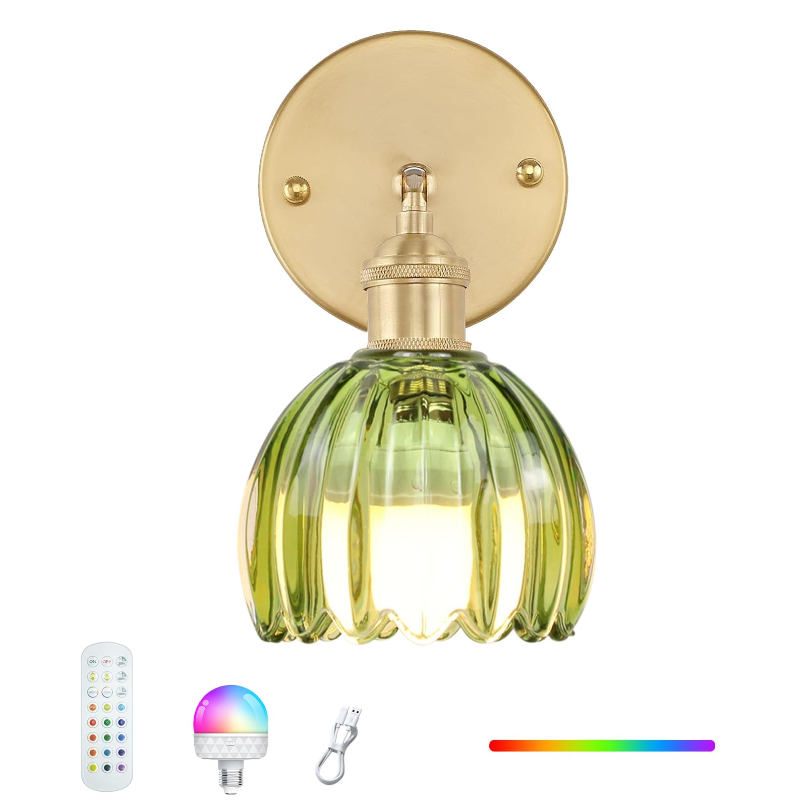 GEEZO Vintage Battery Operated Wall Sconce with Remote Control, Tulip Green, Rechargeable, 1 Pack, Model GEEZO-Y-7