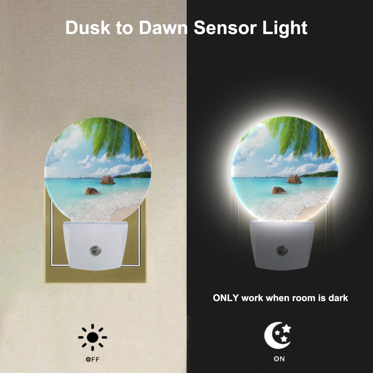 Ekobla Palm Tree And Beach Led Night Light Island Beach Sea Ocean Dusk To Dawn Night Lamp Auto Sensor For Home Indoor Bathroom H