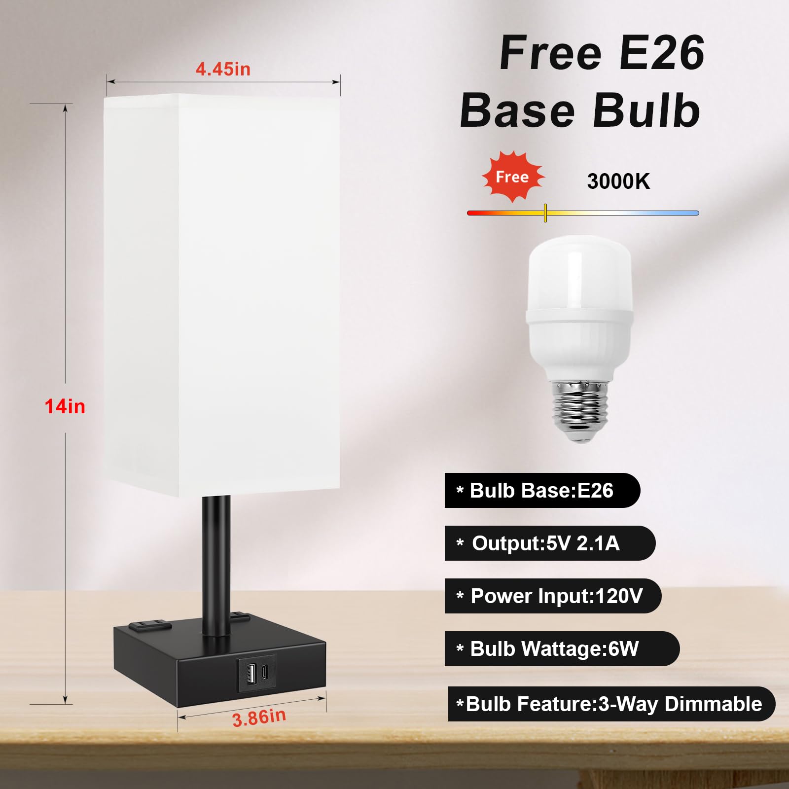 aooshine Touch Bedside Table Lamp - 3-Way Dimmable, USB A & Type C Ports, AC Outlets, 14in, Plastic, White & Black, Model 3
