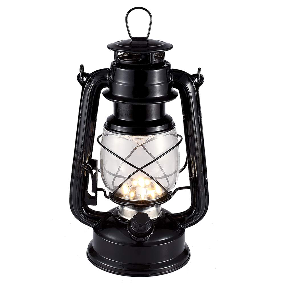 WisHomee Vintage LED Lantern, 150 Lumen, Battery Operated, Antique Metal, Dimmer Switch, Black/Warm White, Model WH-TL-004