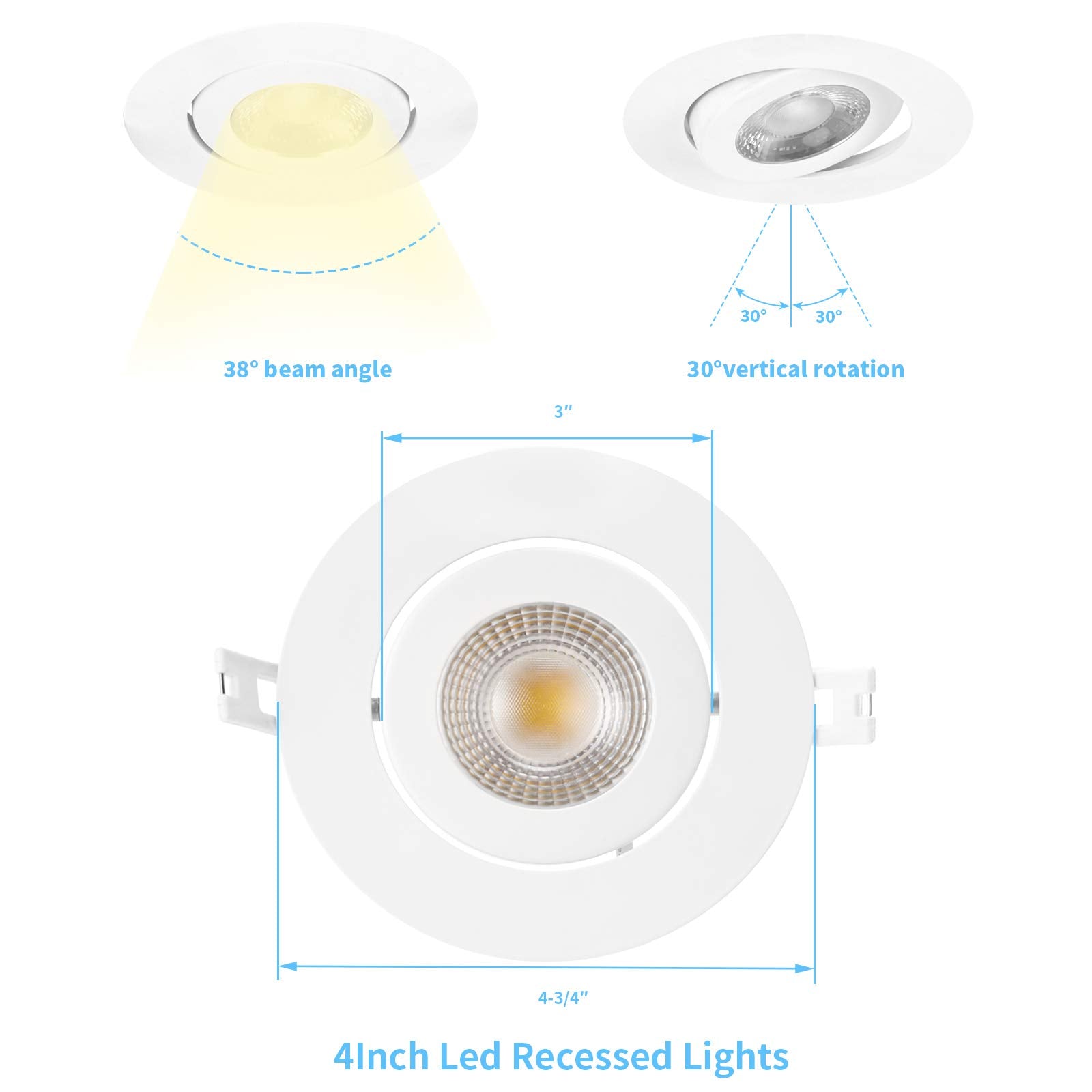 Gasonny 16 Pack LED Recessed Lights, 4 Inch Adjustable Eyeball Gimbal, Dimmable 9W, ETL Listed, 3000K/4000K