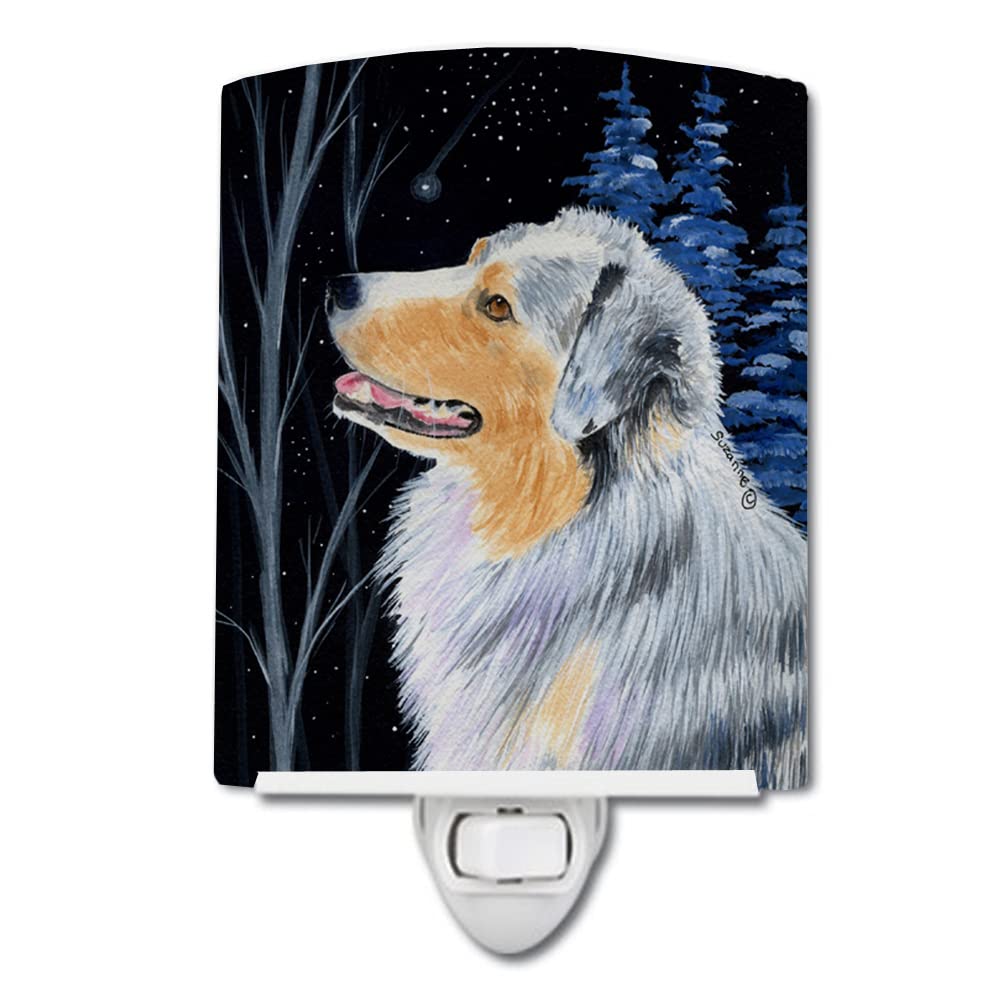 Caroline'S Treasures Ss8382Cnl Starry Night Australian Shepherd Ceramic Night Light Compact, Ul-Certified, Ideal For Bedroom, Bathroom, Nursery, Hallway, Kitchen, 6X4X3, Multicolor
