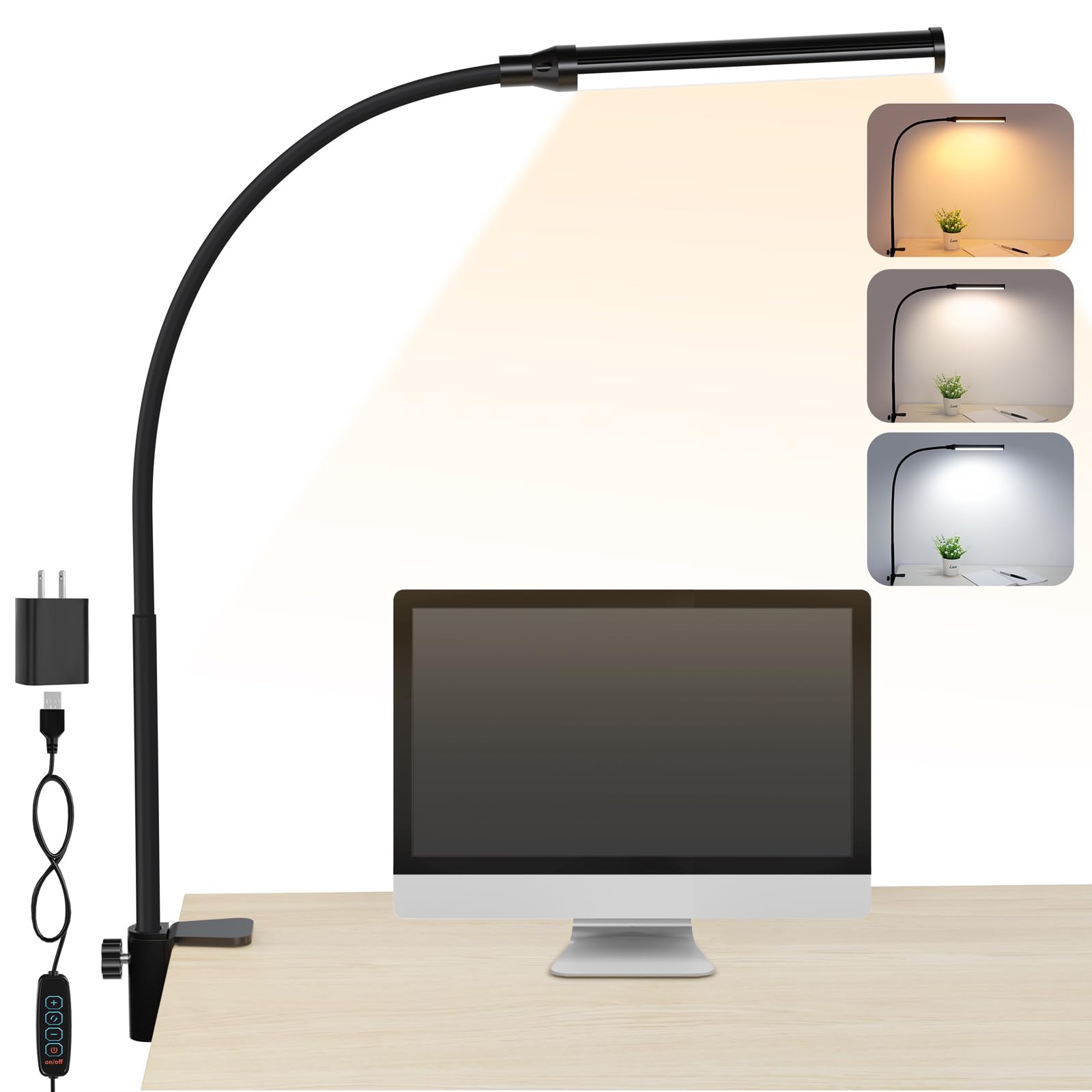 ShineTech LED Desk lamp with Clamp, Eye-Caring Clip Lights for Home Office, 3 Colors Full Brightness, Flexible Gooseneck USB Ada